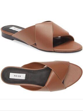 Reiss Brooke Slide Flat SANDALS Size 38 7.5 Brown Leather NEW $225